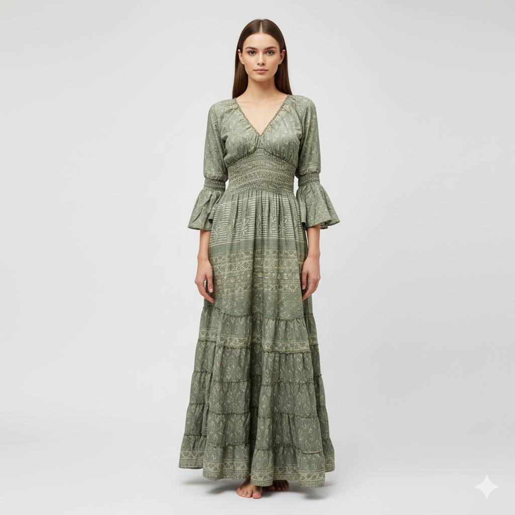 Recycled Sari Maxi Dress Boho Silk Viscose Long Sleeve Smock V-Neckline Pattern Ruffle