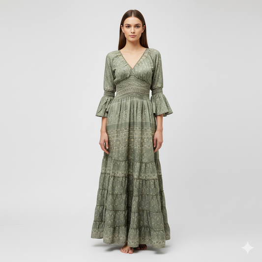 Recycled Sari Maxi Dress Boho Silk Viscose Long Sleeve Smock V-Neckline Pattern Ruffle