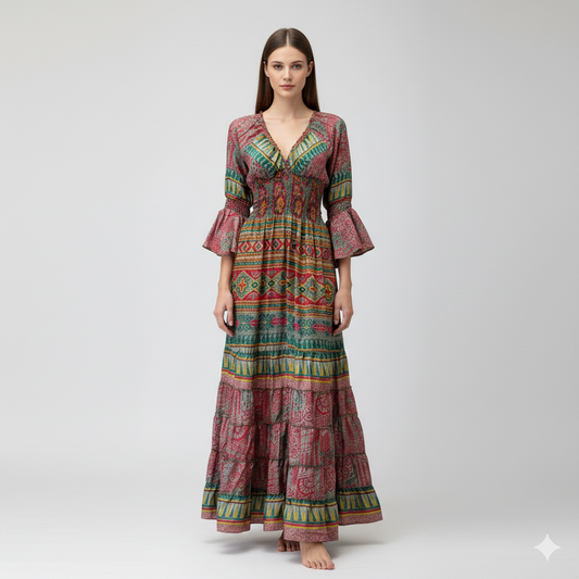 Recycled Sari Maxi Dress Boho Silk Viscose Long Sleeve Smock V-Neckline Pattern Ruffle