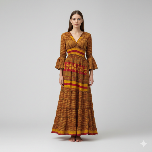 Recycled Sari Maxi Dress Boho Silk Viscose Long Sleeve Smock V-Neckline Pattern Ruffle