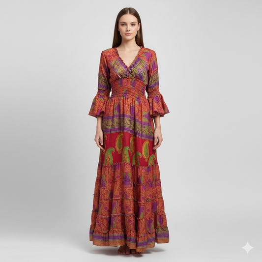 Recycled Sari Maxi Dress Boho Silk Viscose Long Sleeve Smock V-Neckline Pattern Ruffle