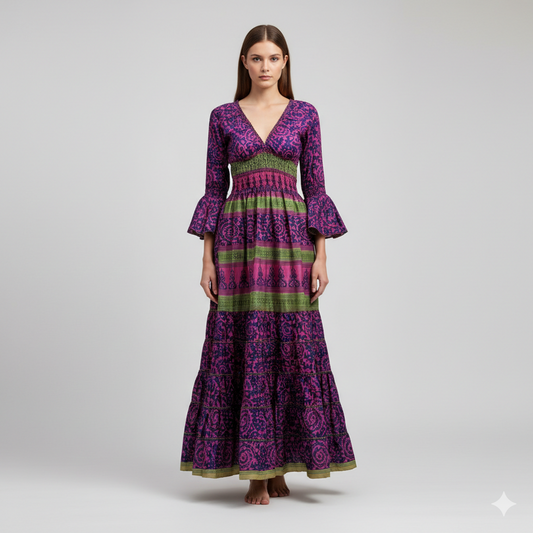 Recycled Sari Maxi Dress Boho Silk Viscose Long Sleeve Smock V-Neckline Pattern Ruffle