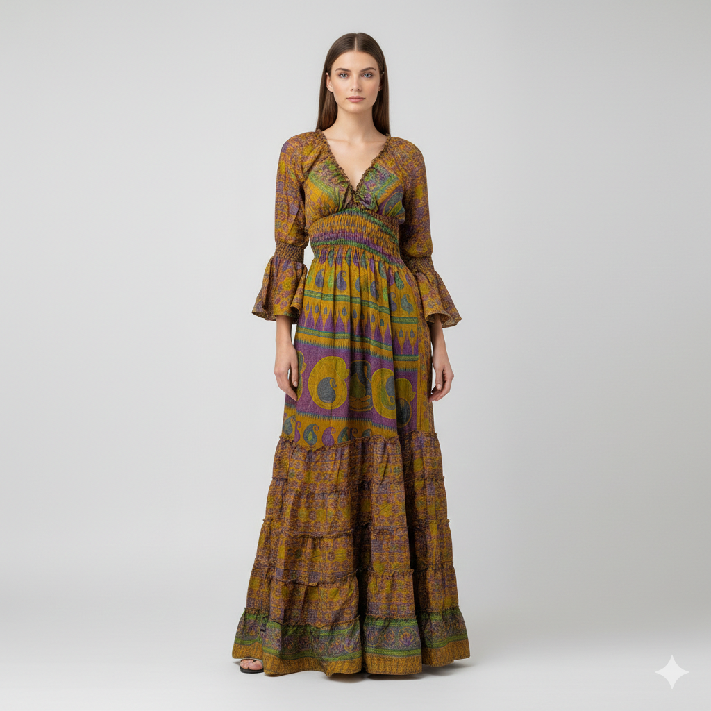 Recycled Sari Maxi Dress Boho Silk Viscose Long Sleeve Smock V-Neckline Pattern Ruffle