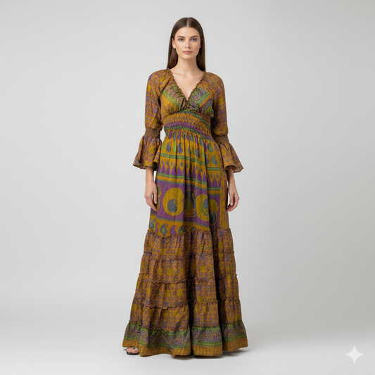 Recycled Sari Maxi Dress Boho Silk Viscose Long Sleeve Smock V-Neckline Pattern Ruffle