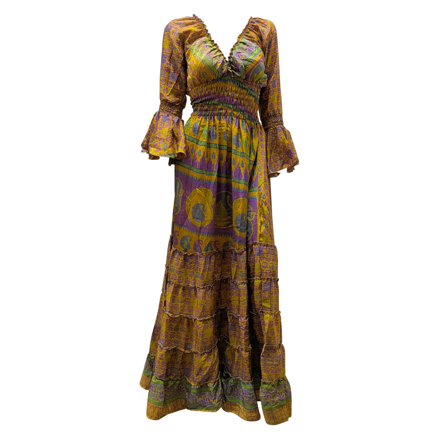 Recycled Sari Maxi Dress Boho Silk Viscose Long Sleeve Smock V-Neckline Pattern Ruffle