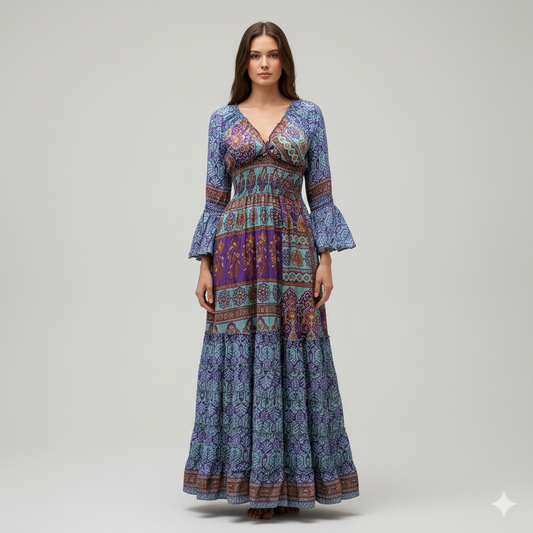 Recycled Sari Maxi Dress Boho Silk Viscose Long Sleeve Smock V-Neckline Pattern Ruffle