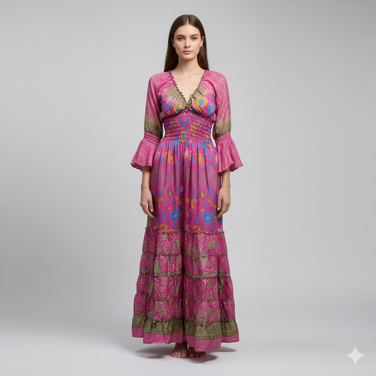 Recycled Sari Maxi Dress Boho Silk Viscose Long Sleeve Smock V-Neckline Pattern Ruffle