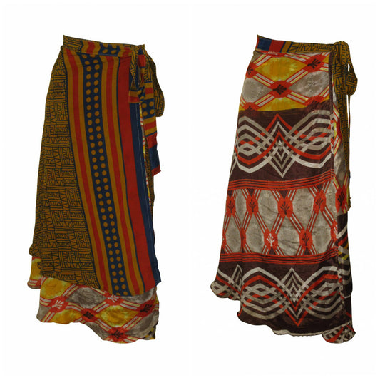 RECYCLED RETRO WRAP AROUND SKIRT LAYERED REVERSIBLE MIDI FREESIZE UP TO 20 P77