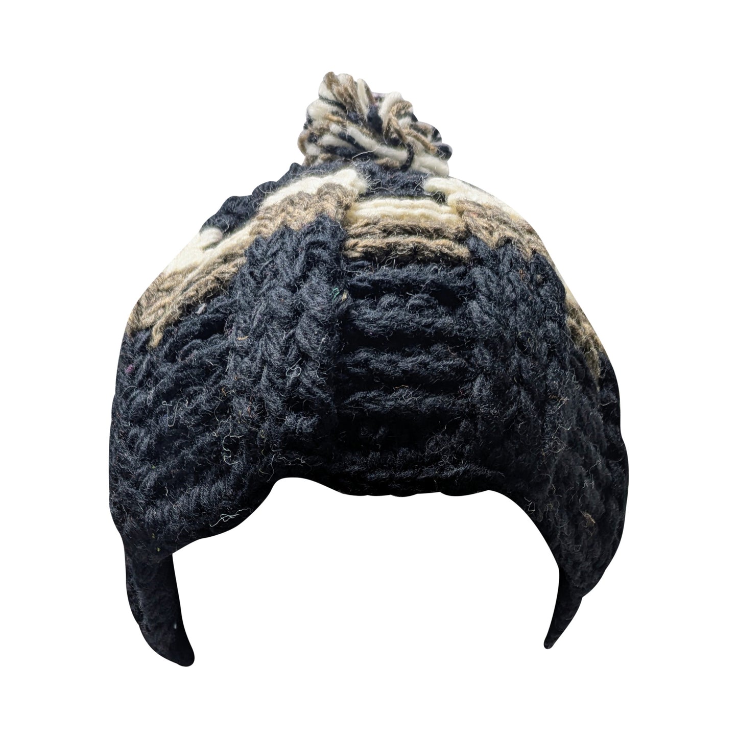 Recycled Hand Knit Wide Ribbed Embroidered Boho Winter Bobble Beanie Hat Cap P1