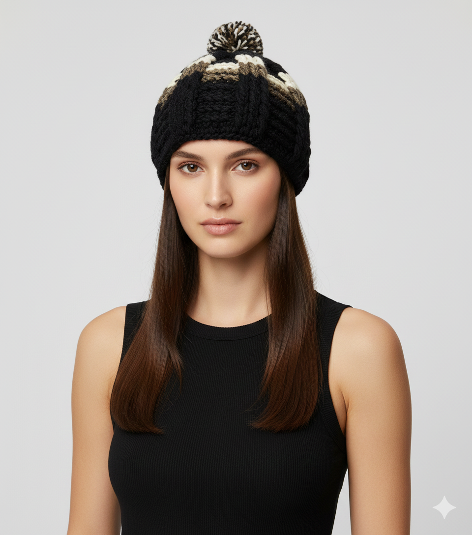 Recycled Hand Knit Wide Ribbed Embroidered Boho Winter Bobble Beanie Hat Cap P1