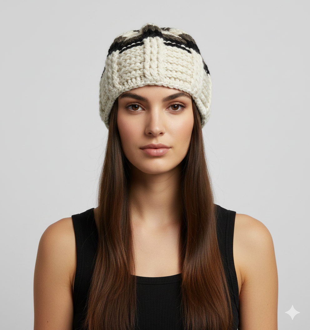 Recycled Hand Knit Wide Ribbed Embroidered Boho Winter Bobble Beanie Hat Cap P2