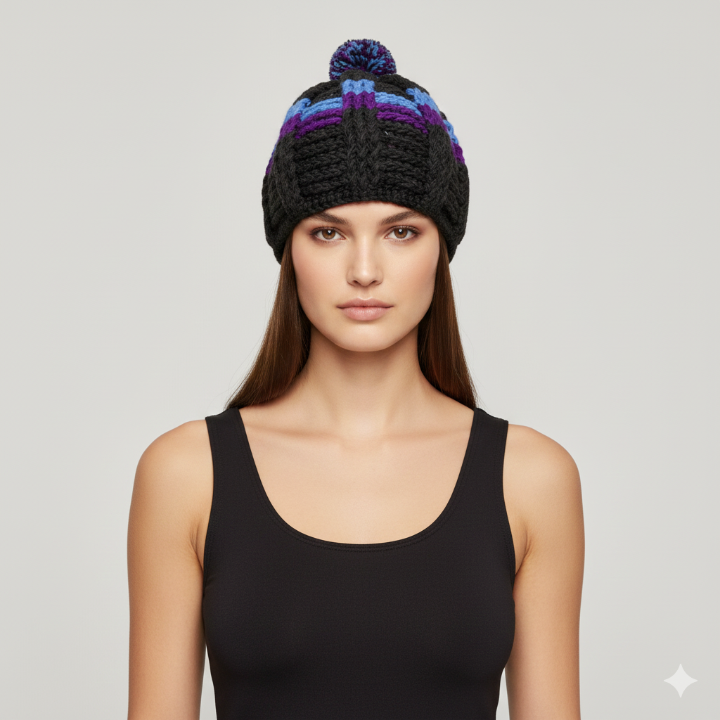 Recycled Hand Knit Wide Ribbed Embroidered Boho Winter Bobble Beanie Hat Cap P3