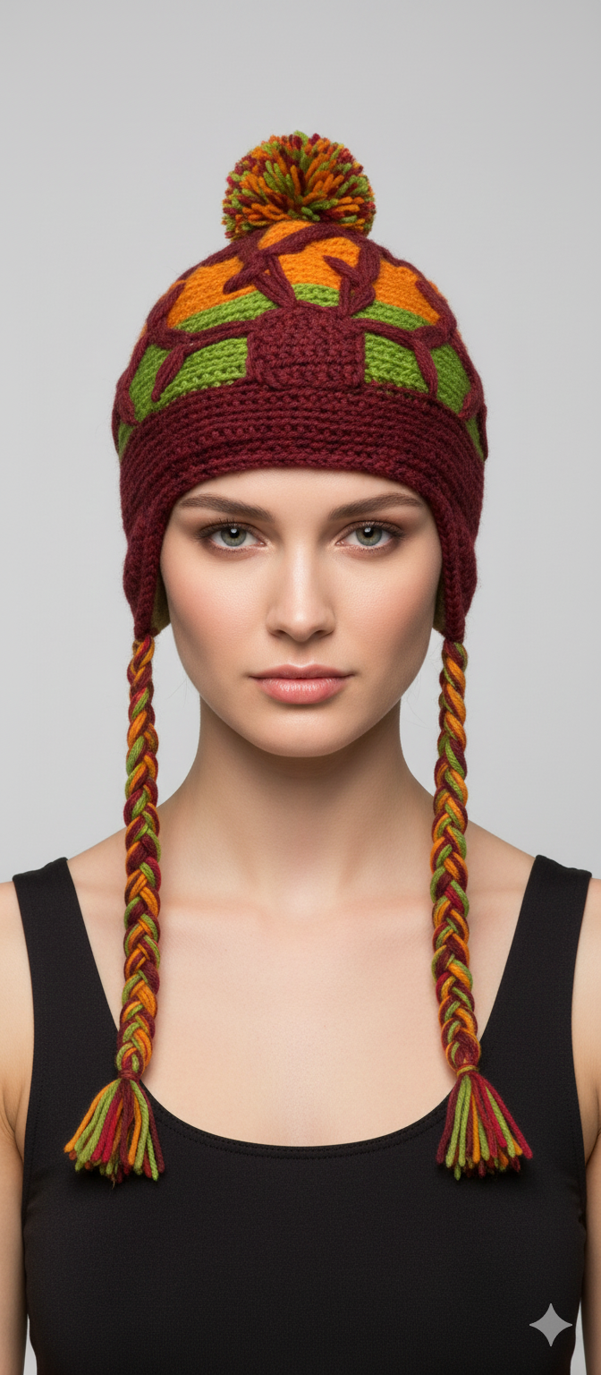 Recycled Hand Knit Embroidered Colour Block Fleece Lined Braided Tassels Bobble Winter Beanie Cap P1