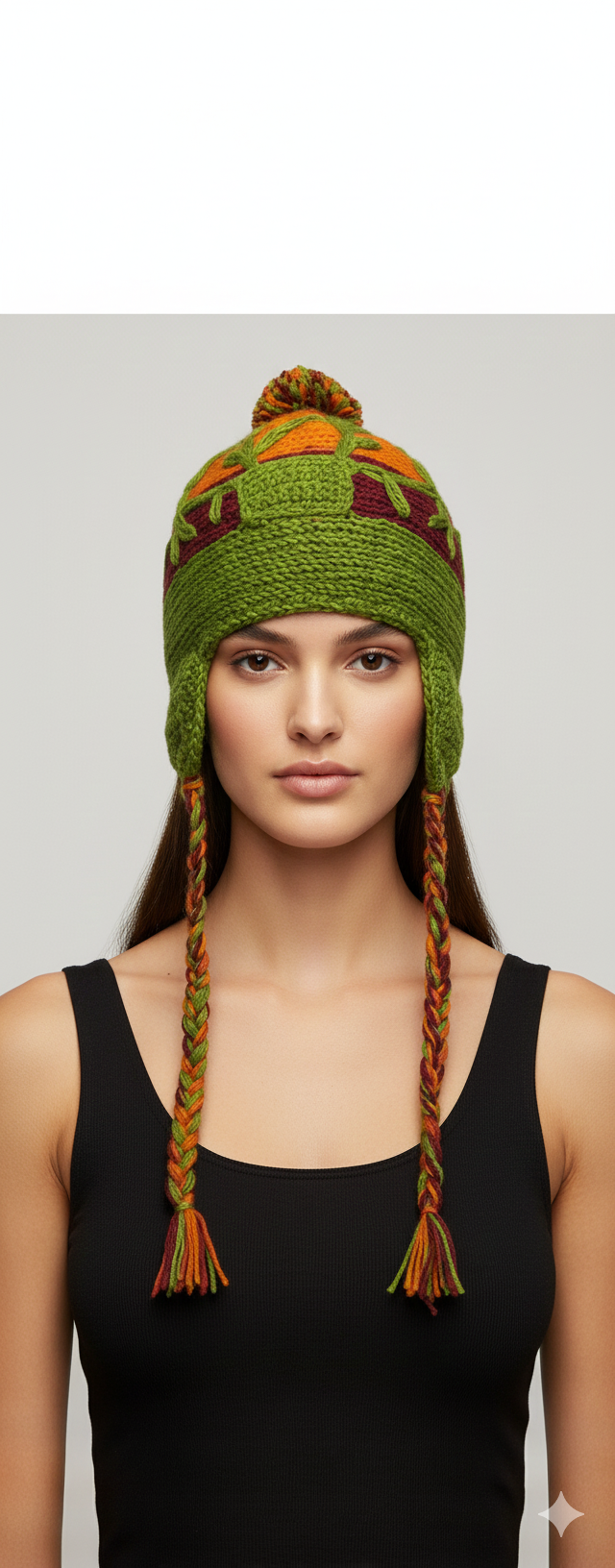 Recycled Hand Knit Embroidered Colour Block Fleece Lined Braided Tassels Bobble Winter Beanie Cap P2