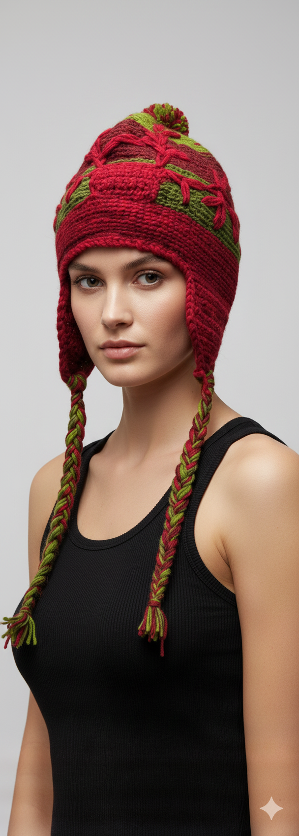 Recycled Hand Knit Embroidered Colour Block Fleece Lined Braided Tassels Bobble Winter Beanie Cap P3