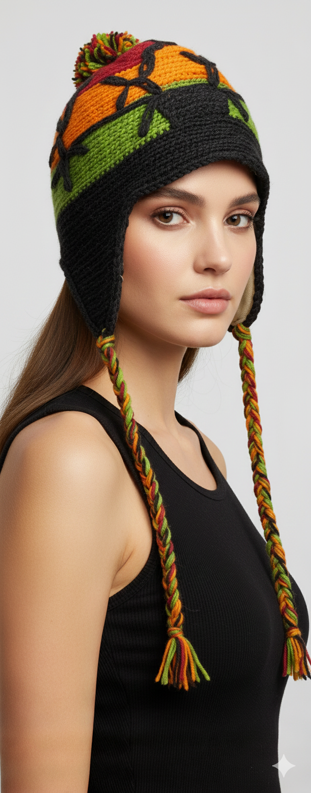 Recycled Hand Knit Embroidered Colour Block Fleece Lined Braided Tassels Bobble Winter Beanie Cap P4