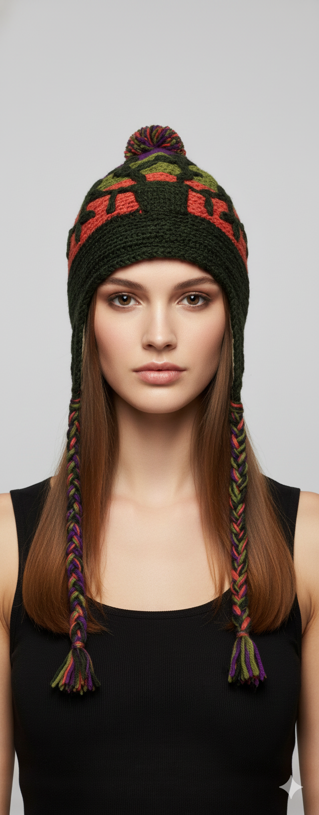 Recycled Hand Knit Embroidered Colour Block Fleece Lined Braided Tassels Bobble Winter Beanie Cap P5