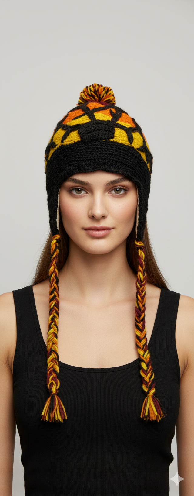 Recycled Hand Knit Embroidered Colour Block Fleece Lined Braided Tassels Bobble Winter Beanie Cap P6