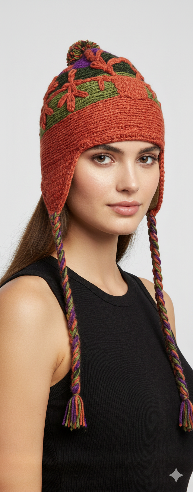 Recycled Hand Knit Embroidered Colour Block Fleece Lined Braided Tassels Bobble Winter Beanie Cap P7