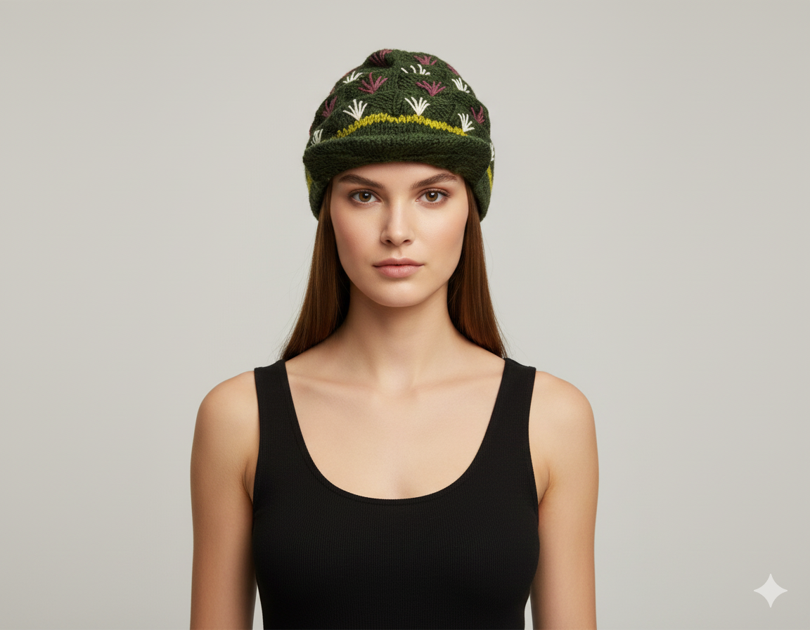 Recycled Hand Knit Tiered  Wool Crochet Winter Fleece Lined Baker Hat P14