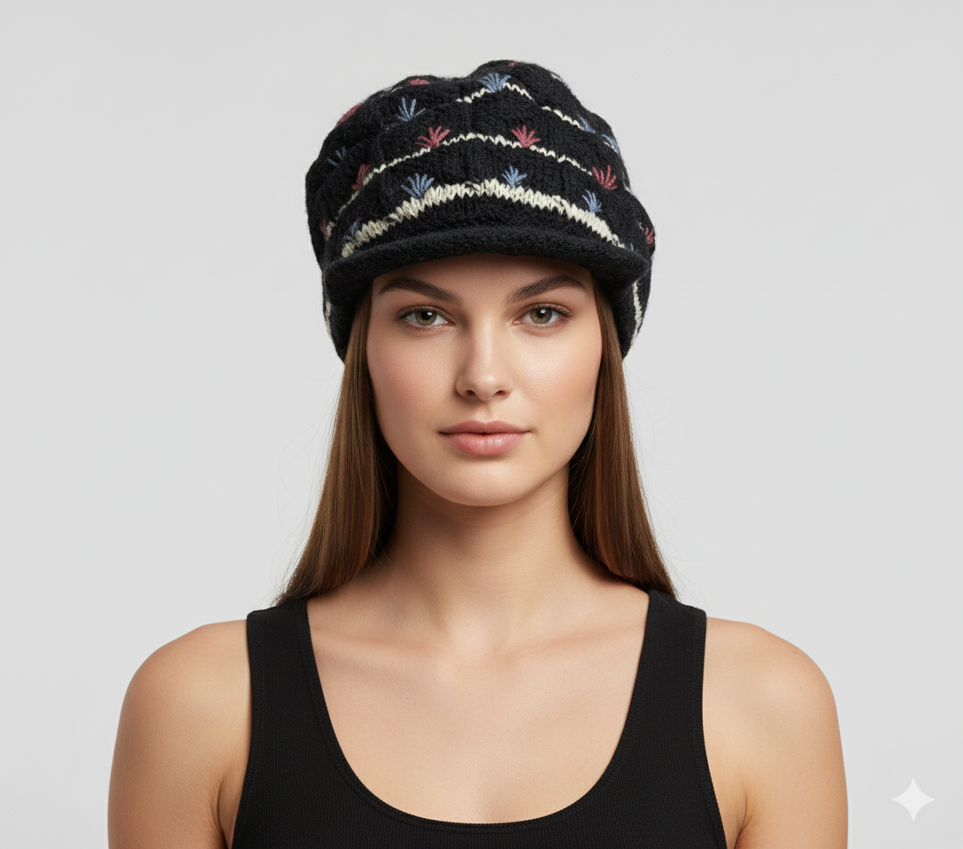 Recycled Hand Knit Tiered  Wool Crochet Winter Fleece Lined Baker Hat P16