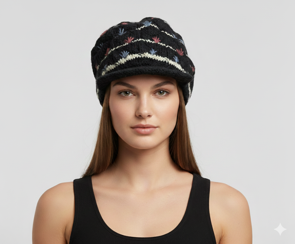 Recycled Hand Knit Tiered  Wool Crochet Winter Fleece Lined Baker Hat P17