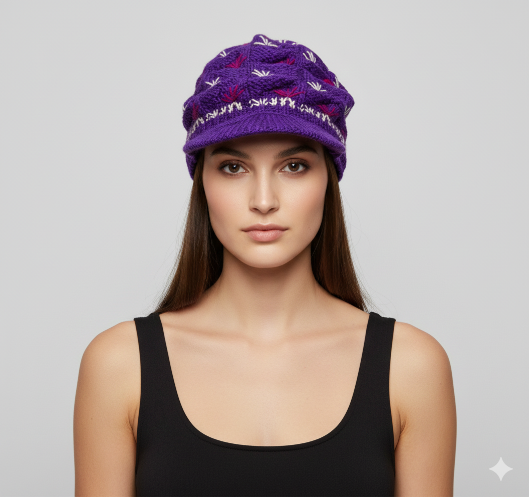 Recycled Hand Knit Tiered  Wool Crochet Winter Fleece Lined Baker Hat P1