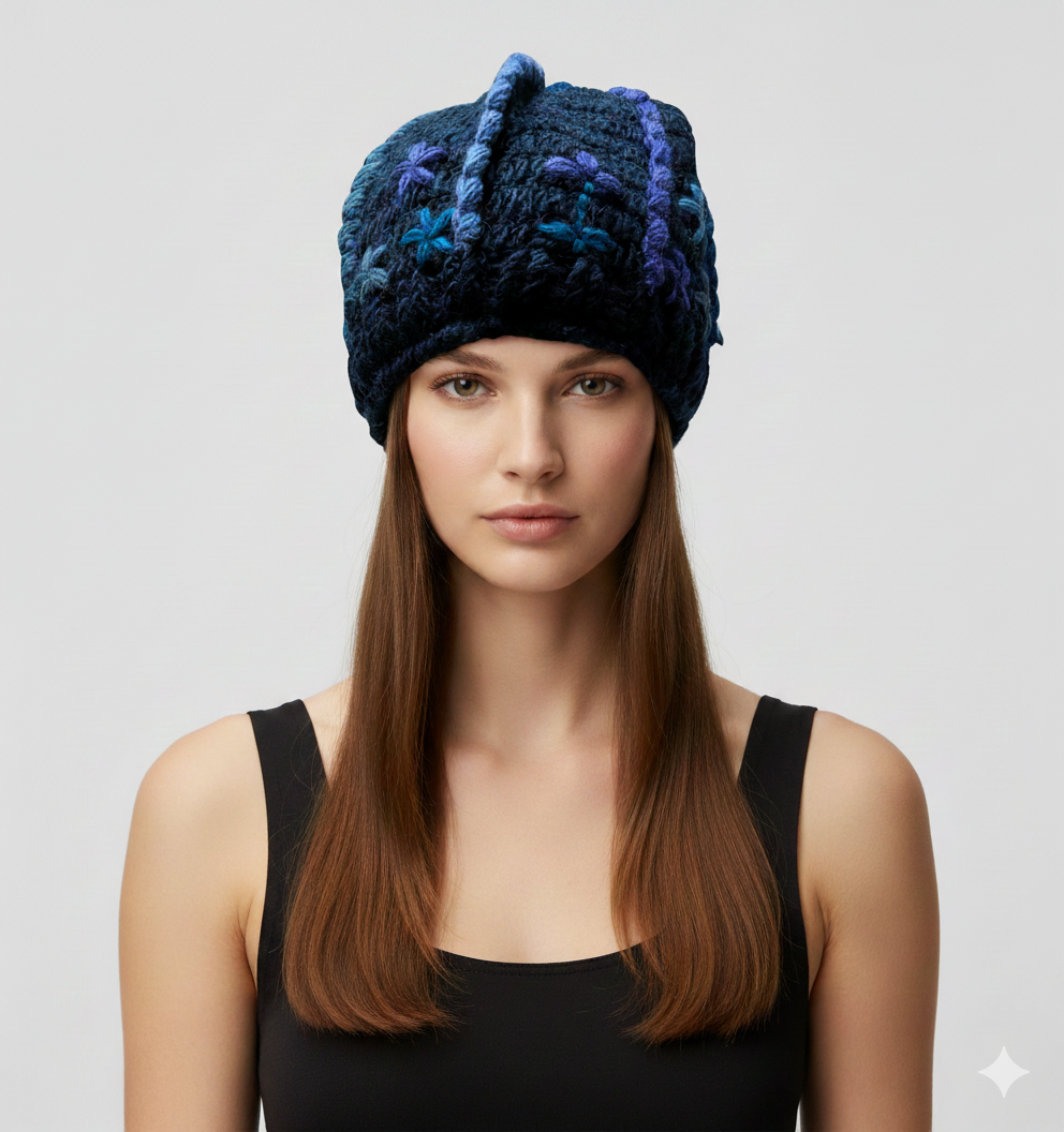 Recycled Hand Knit Squiggle Tassel Embroidered Fleece Lined Boho Beanie Cap Hat P10