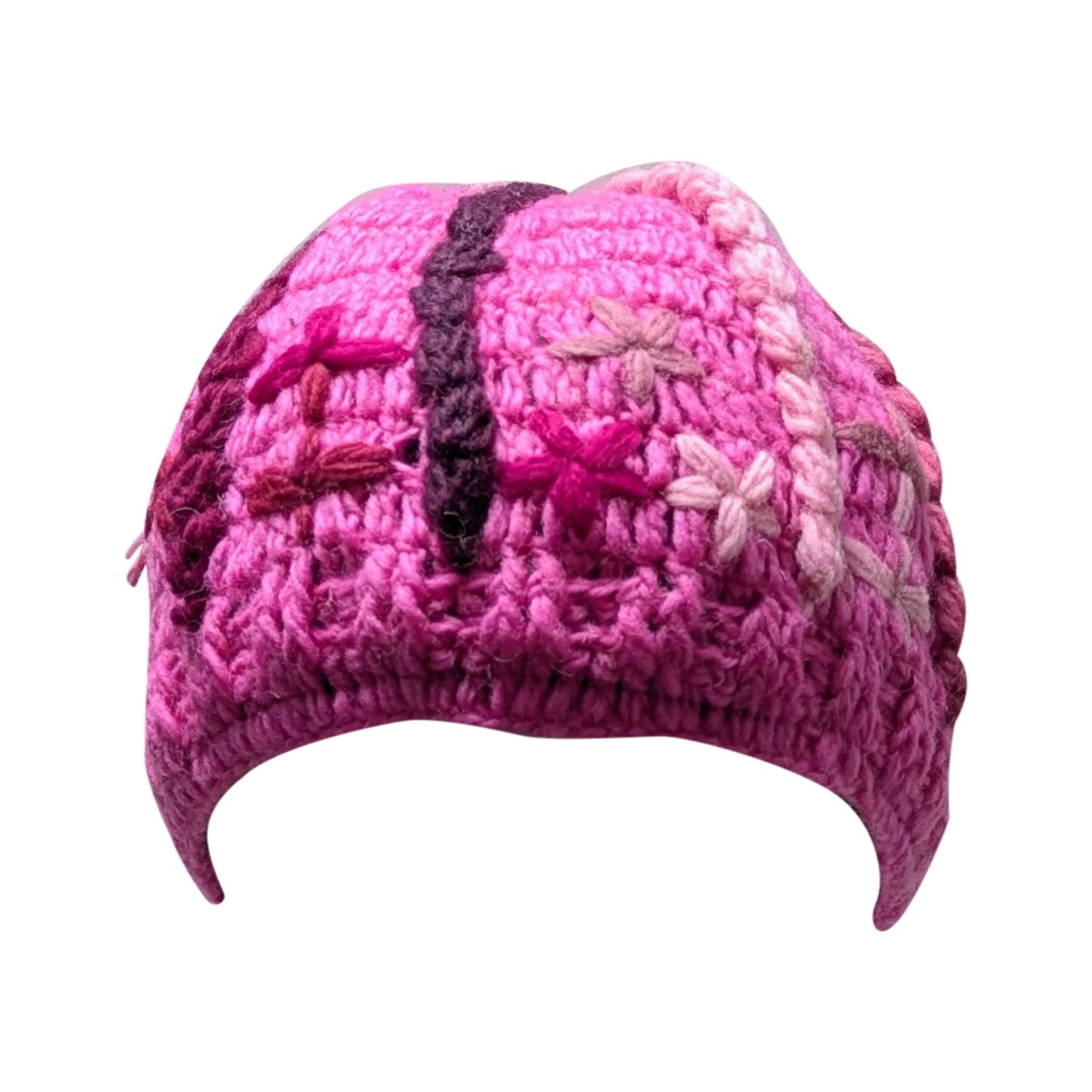 Recycled Hand Knit Squiggle Tassel Embroidered Fleece Lined Boho Beanie Cap Hat P2