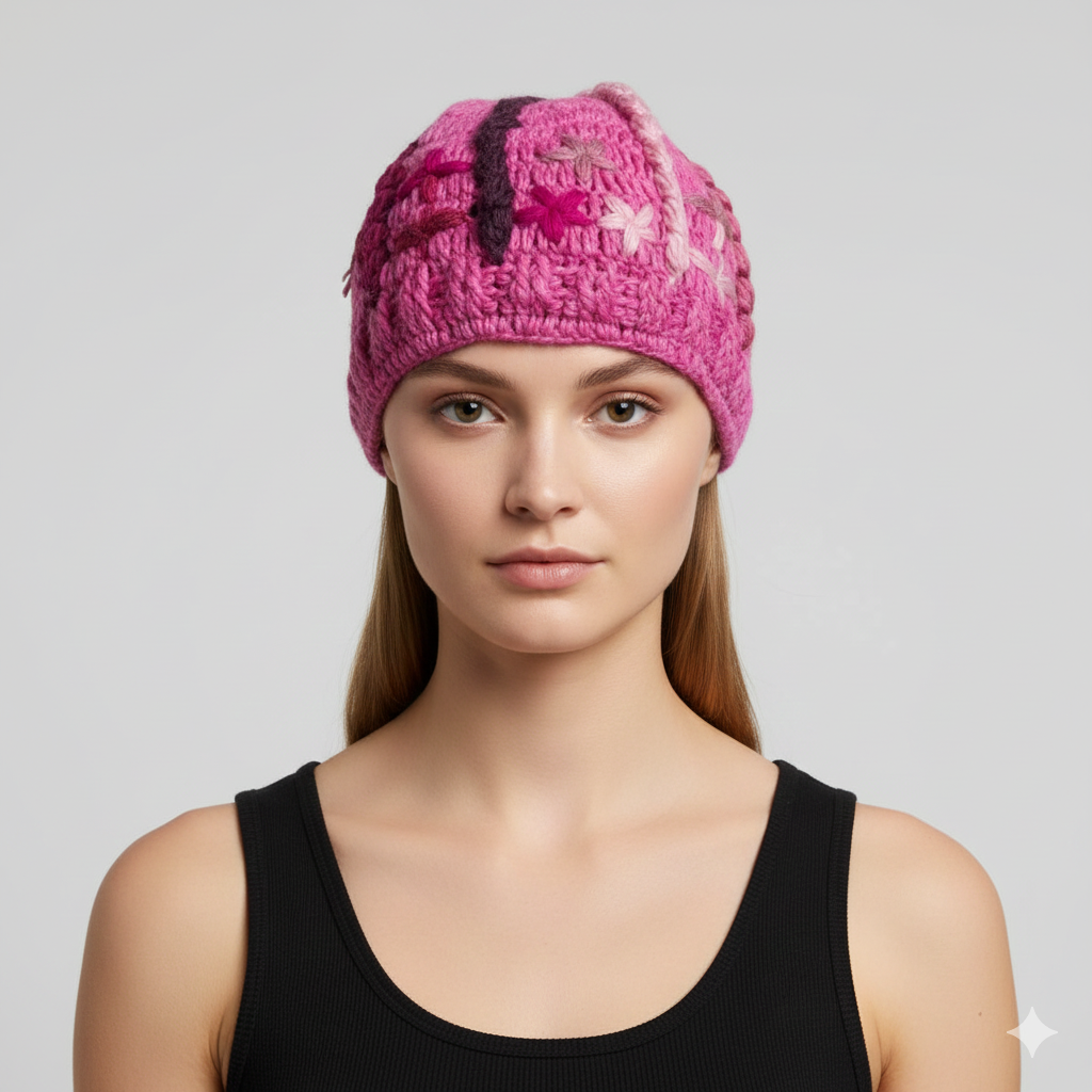 Recycled Hand Knit Squiggle Tassel Embroidered Fleece Lined Boho Beanie Cap Hat P2