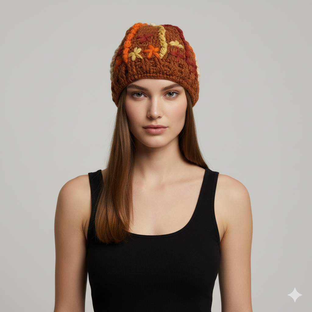 Recycled Hand Knit Squiggle Tassel Embroidered Fleece Lined Boho Beanie Cap Hat P3