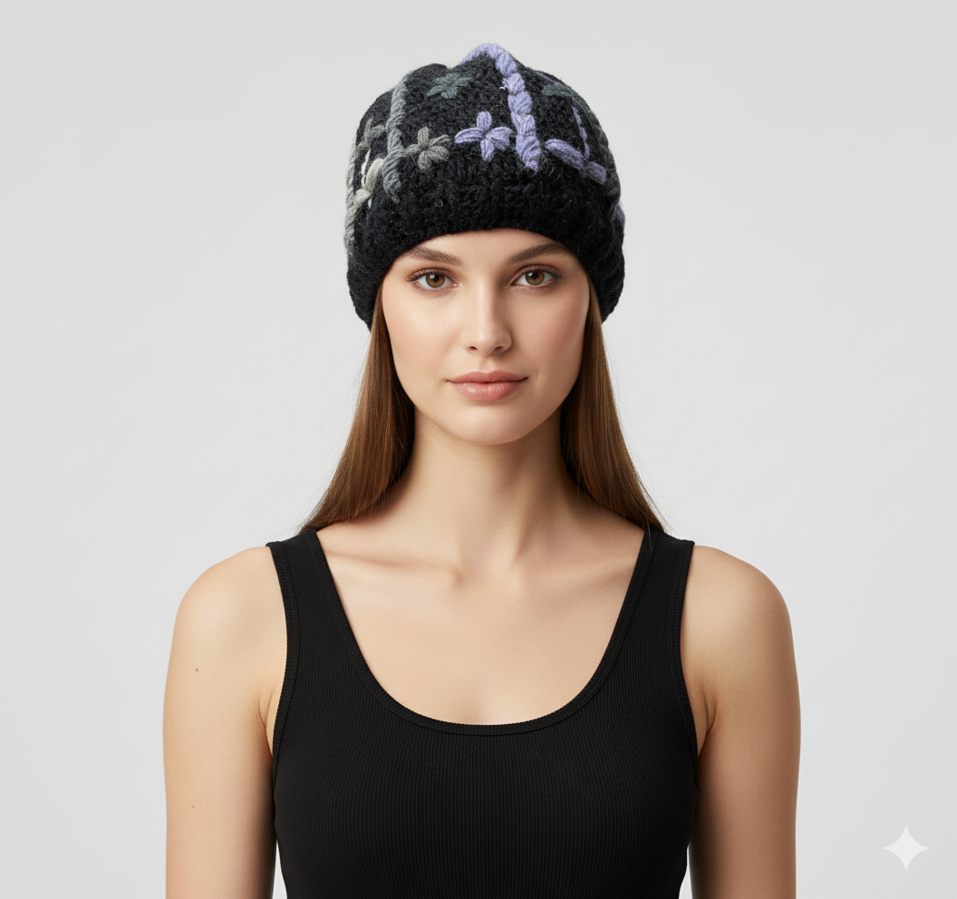 Recycled Hand Knit Squiggle Tassel Embroidered Fleece Lined Boho Beanie Cap Hat P4