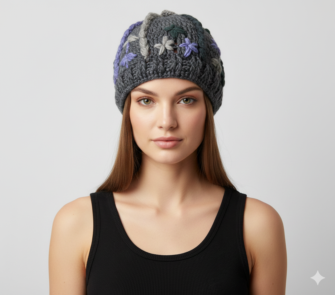 Recycled Hand Knit Squiggle Tassel Embroidered Fleece Lined Boho Beanie Cap Hat P7