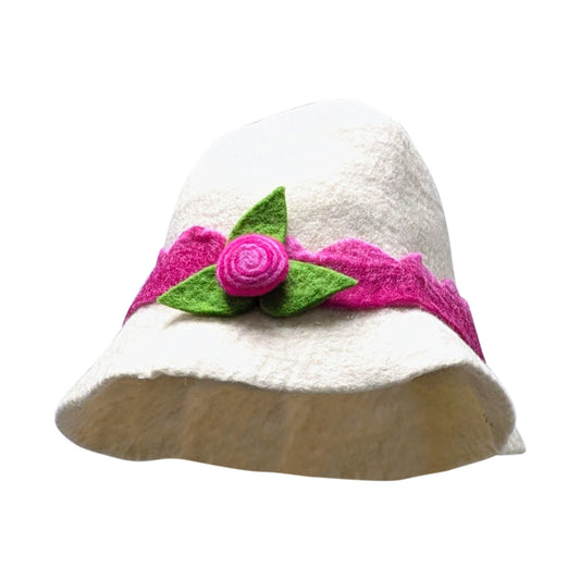 Recycled Handmade Bucket Style Cloche Rose Flower Boho Felt Winter Hat P1