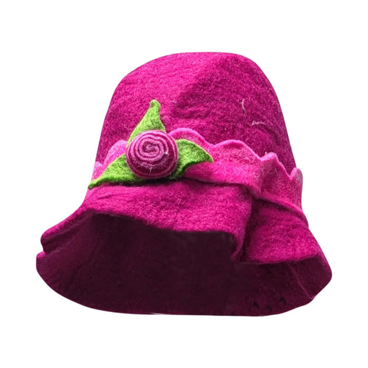 Recycled Handmade Bucket Style Cloche Rose Flower Boho Felt Winter Hat P7