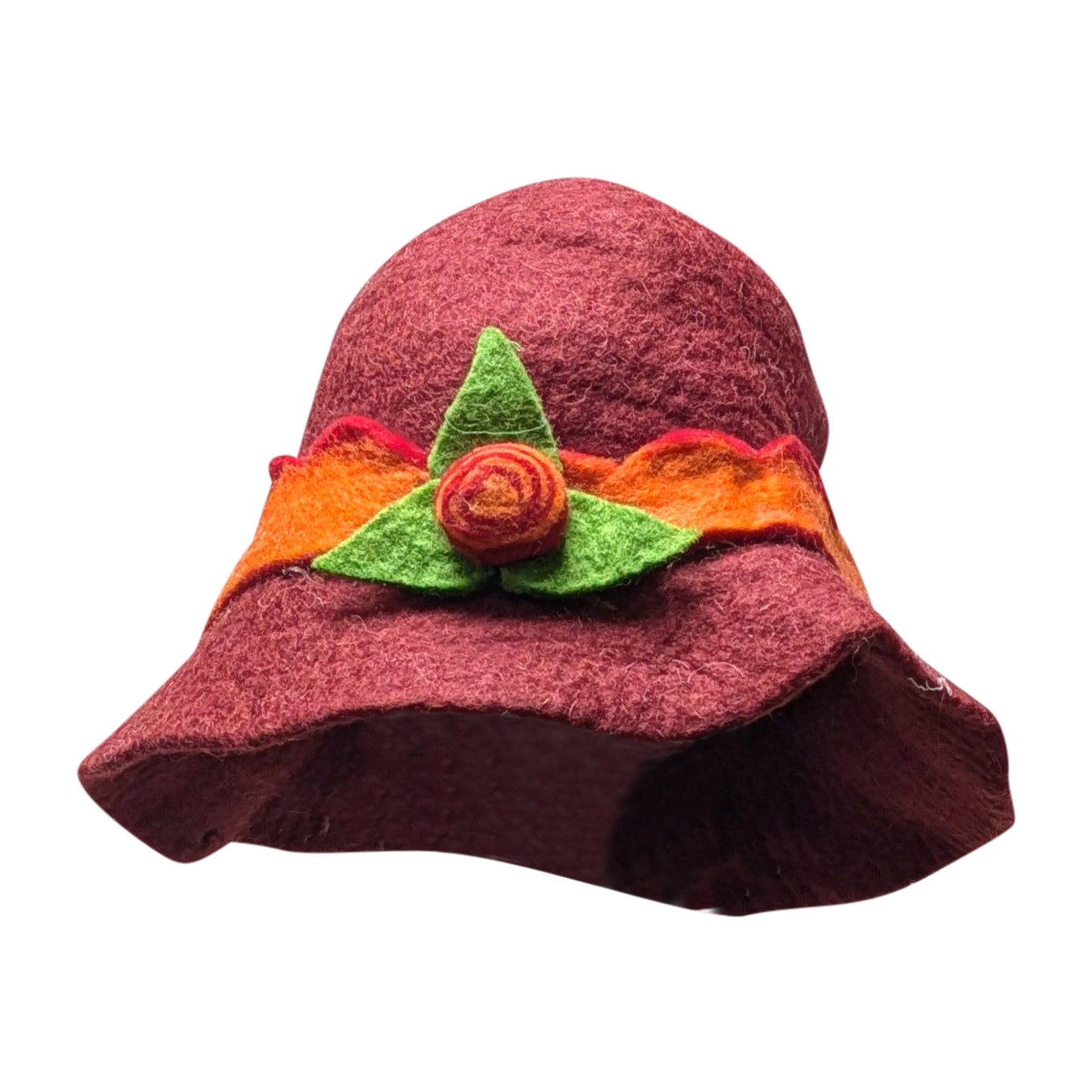 Recycled Handmade Bucket Style Cloche Rose Flower Boho Felt Winter Hat P8