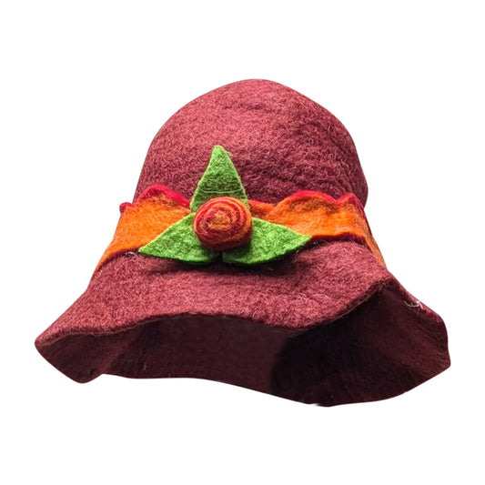 Recycled Handmade Bucket Style Cloche Rose Flower Boho Felt Winter Hat P8