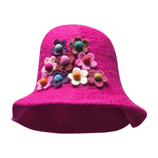 Recycled 100% Felt Handmade Flower Design Boho Boho Bauble Winter Bucket Hat P1