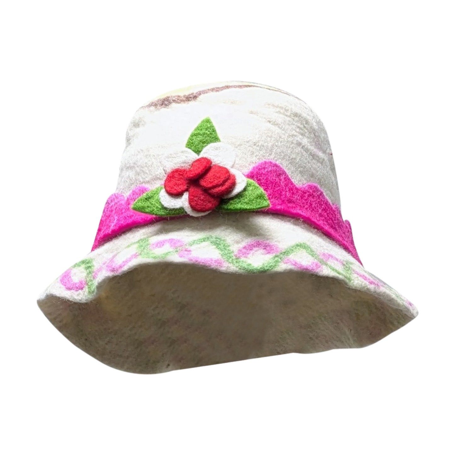 Recycled Handmade Cloche Bucket Style Swirl Boho Floral Felt Winter Hat P13