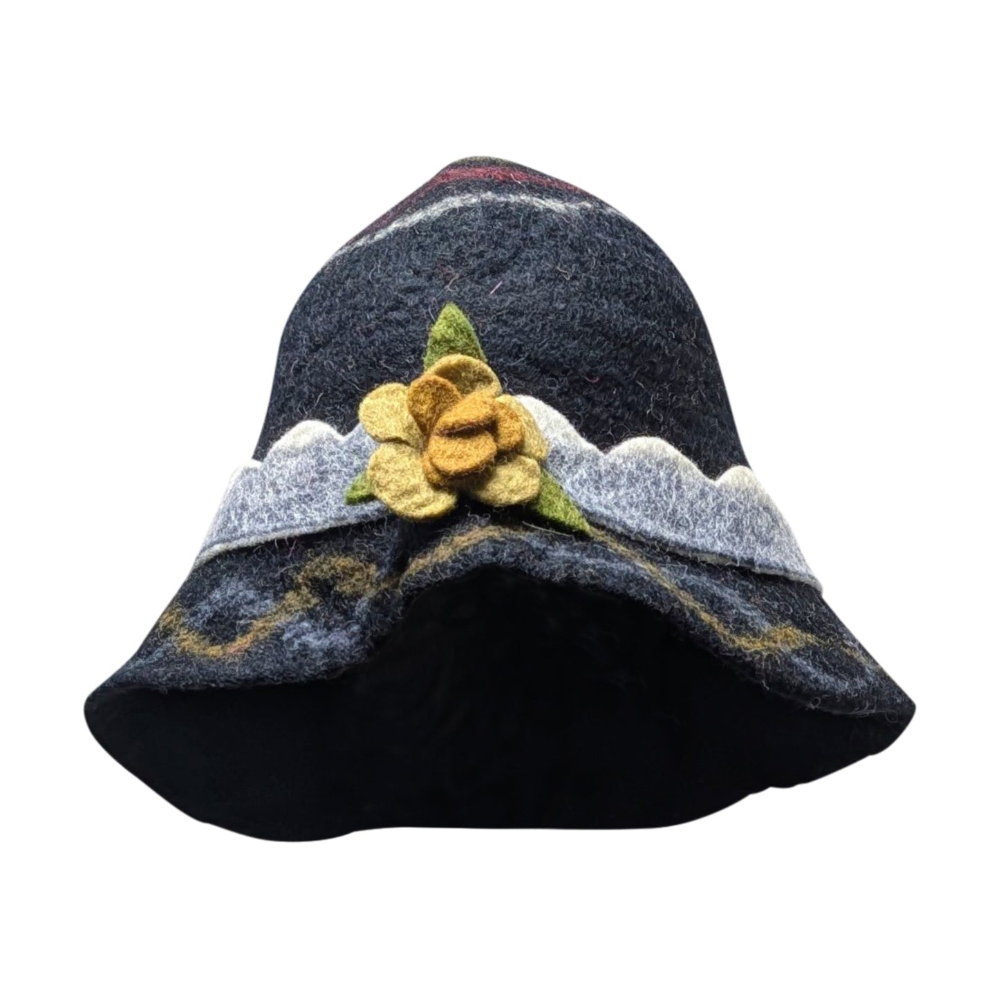 Recycled Handmade Cloche Bucket Style Swirl Boho Floral Felt Winter Hat P9