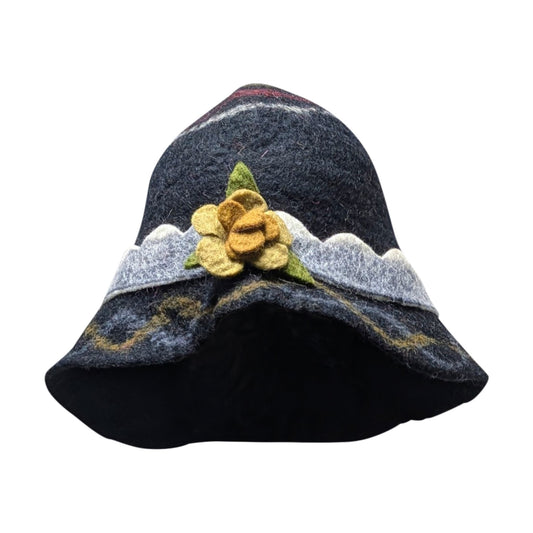 Recycled Handmade Cloche Bucket Style Swirl Boho Floral Felt Winter Hat P9
