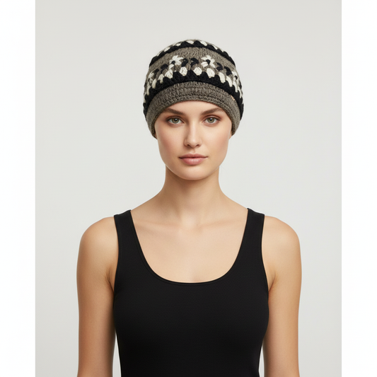 Recycled Hand Knit Cap  Crochet Wool Fleece Lined Winter Beanie Hat P1