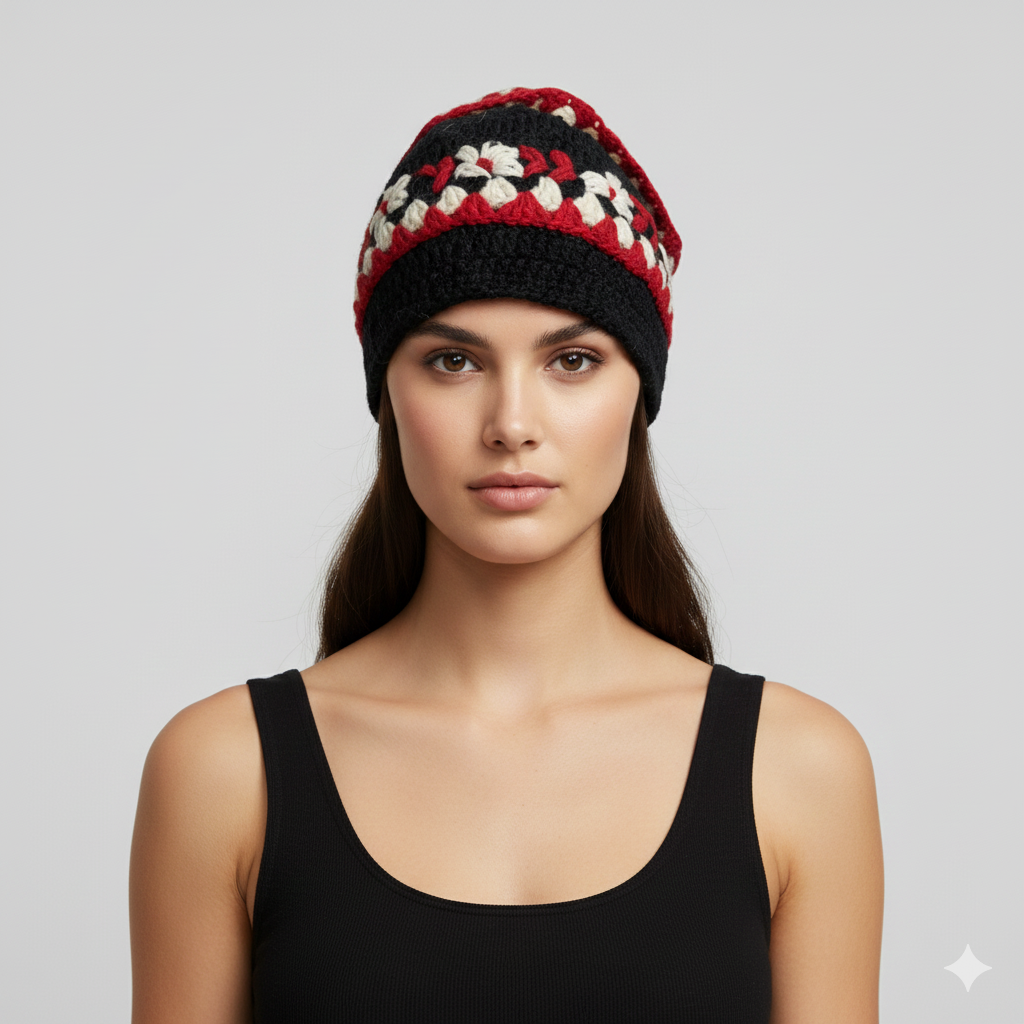 Recycled Hand Knit Cap  Crochet Wool Fleece Lined Winter Beanie Hat P2