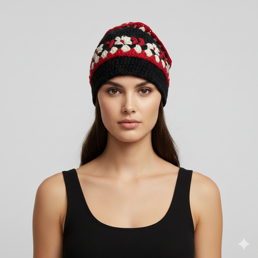 Recycled Hand Knit Cap  Crochet Wool Fleece Lined Winter Beanie Hat P2