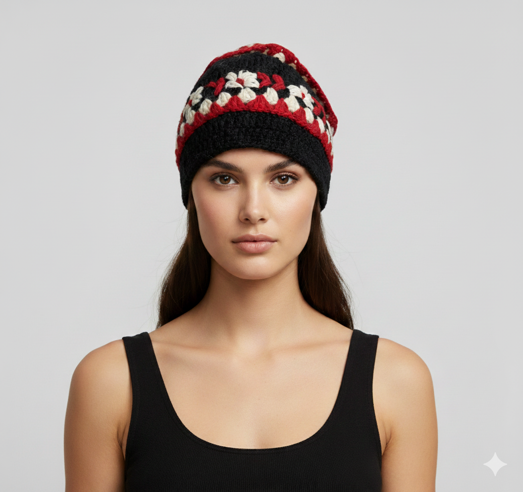 Recycled Hand Knit Cap  Crochet Wool Fleece Lined Winter Beanie Hat P3