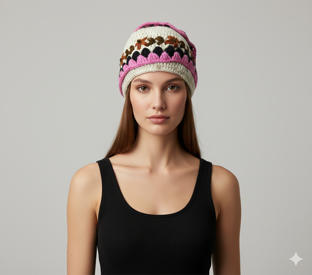 Recycled Hand Knit Cap  Crochet Wool Fleece Lined Winter Beanie Hat P4