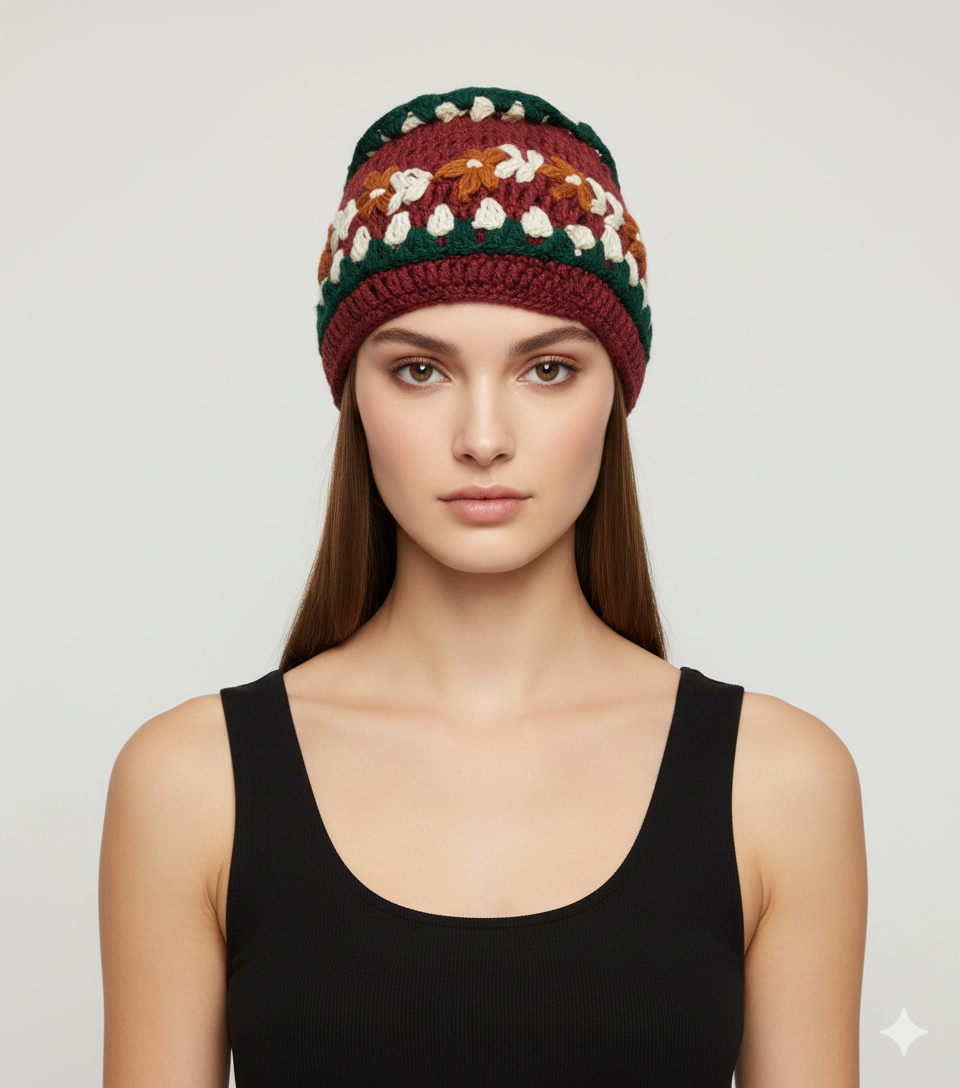 Recycled Hand Knit Cap  Crochet Wool Fleece Lined Winter Beanie Hat P5