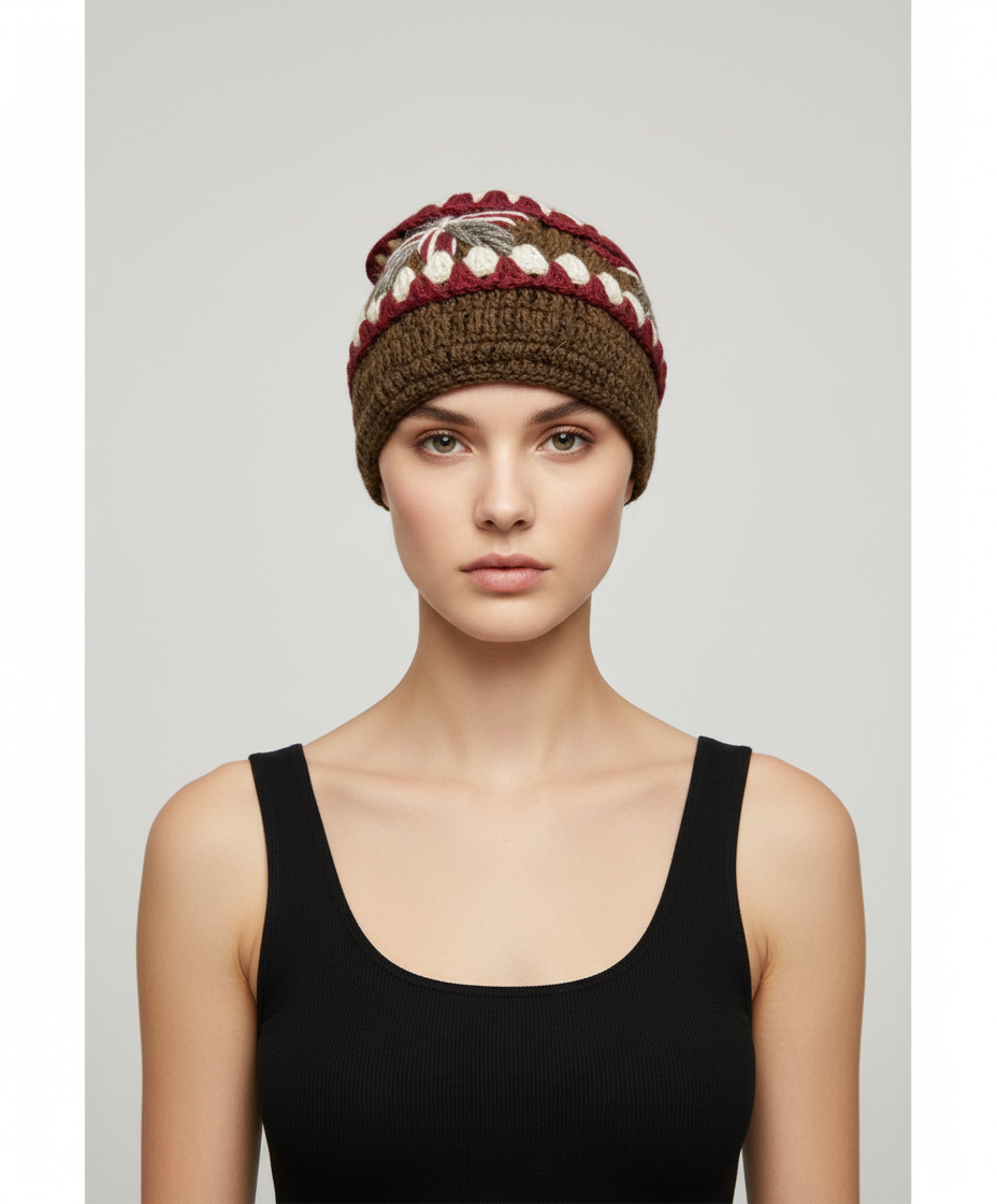 Recycled Hand Knit Cap  Crochet Wool Fleece Lined Winter Beanie Hat P6