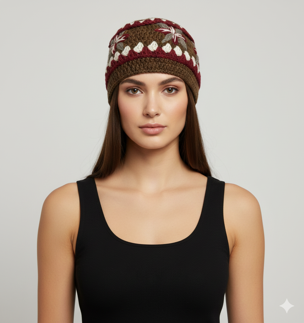 Recycled Hand Knit Cap  Crochet Wool Fleece Lined Winter Beanie Hat P7