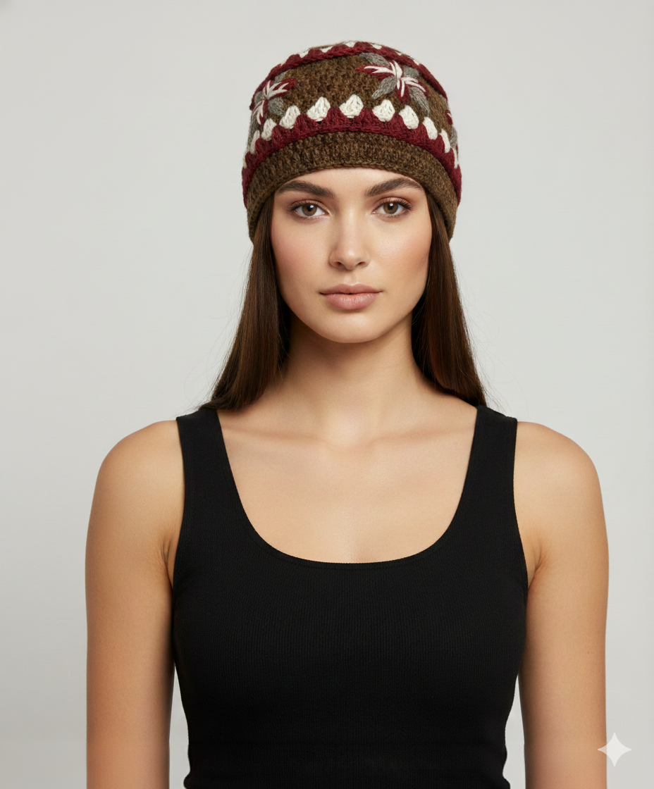 Recycled Hand Knit Cap  Crochet Wool Fleece Lined Winter Beanie Hat P8